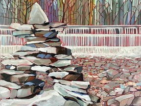 Artist Nancy L Moore's painting Inukshuk is part of a new exhibition, Through the Looking Glass, on at Westland Gallery until Aug. 27 and also featuring glass art by David Thai.