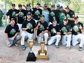 The Rams won both the 2022 Mitchell Men's Slo-pitch League's regular season title and the playoff tournament, capping their third season in the league with the 'A' championship, a 7-6 win over the defending champion Steelers Aug. 28 at Keterson Park. Back row (left): Nathan Smitjes, Jake Rock, Judd Walker, Tom Fanson, Kevin Wagg, Andrew Pearn, Chris Wise, Sam Dolmage, Tyler Rae. Front row (left): Ryan Sykes, Brent Rae, Brady Weitzel, Matt Rock, Bret Kraemer and Joe Rock. Absent was Zach Dow. ANDY BADER/MITCHELL ADVOCATE