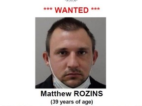 Matthew Rozins, 39, is wanted by police. They warn he has the potential to be a risk to public safety.