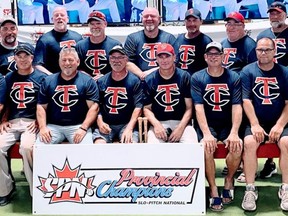 Campbell Toyota from Chatham, Ont., won the Slo-Pitch National provincial championship in the men’s 50 E division in Niagara Falls, Ont., on Sunday, Aug. 28, 2022. Team members are, front row, left: Jeff Zoldy, Stevie Donald, Dan St. Pierre, Rob Copeland, Mark Detailleur, Ken Wise, coach Billy Hebert and Scott Brown. Back row, left: Andy McRitchie, Karl Coatsworth, Andrew Lynch, Jeff Law, Mike Nighswander, Brad Shaw, coach Colin Lewis, John Jones and Steve Renaud. Tim Dickinson is absent. (Contributed Photo)