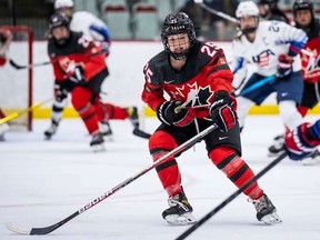 Abby Stonehouse of Blenheim, Ont., plays for Canada in an under-18 women's hockey game against the United States in Calgary on Aug. 18, 2022. (Dave Holland Photo/Courtesy of Hockey Canada)