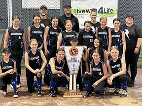 Members of the Mitchell U13 LiveWell4Life Lightning pose after winning the Ontario Rural Softball Association (ORSA) title in Norwich Aug. 3. Back row (left): Coaches AJ Moses, Andrew Medhurst, Erin Matheson and Lori Chessell. Middle row (left): Kennady Ahrens, Cambell Ward, Annika Terpstra, Macie Russwurm, Alayna McKay, Brynn Wolfe, Kayla Visneskie. Front row (left): Lucy Moses, Rhylee Chessell, Camryn Medhurst, Zoey Michel, Sydnee Wilker, Ava Harmer and Ellie MacArthur. SUBMITTED