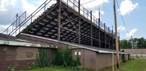 The rear of the Victoria Park grandstand. A city notice deeming the structure unsafe is posted on the building shown Aug. 23, 2022 in Owen Sound, Ont. (Scott Dunn/The Sun Times/Postmedia Network)