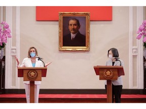 U.S. House of Representatives Speaker Nancy Pelosi, left, meets with Taiwan President Tsai Ing-wen at the presidential office in Taipei, Taiwan on Aug. 3, 2022.