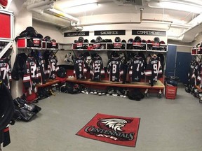 The locker room of the Ayr Centennials Jr. B hockey team. (Facebook)