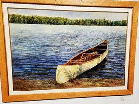Waskesiu Canoe by Alan Bateman. Oil on masonite. The Canoe is part of the McCreath Collection currently on display at the Whyte Museum of the Canadian Rockies.