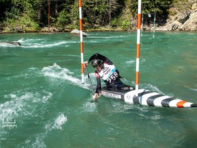 Canadian Whitewater Championships in Kananaskis. Paddlers compete in the Canadian National Whitewater Championships at Harvie Passage (Aug 3-7) where they took tight turns while navigating strong currents. Photo credit Doug Stephen.