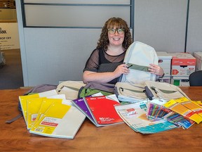 Ashley Singleton, coordinator and team lead of network programs and procurement at the Brantford Food Bank, shows some of the donations that will be given to families who are unable to afford new school supplies for their children. Contributed