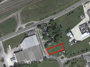 The site of an upcoming two story, six unit apartment building is seen outlined in red. The development will be located at 187 Stanley Street in Belleville, Ontario. Submitted.