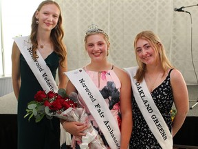 The newly crowned 2022-23 Norwood Fair Ambassador Emma Harding is joined by her fellow contests and runner ups Autumn Scott (left) and Kathleen Walsh (right). The competition was held at the Asphodel-Norwood Community Centre on August 7, following a two year pandemic break. SUBMITTED PHOTO