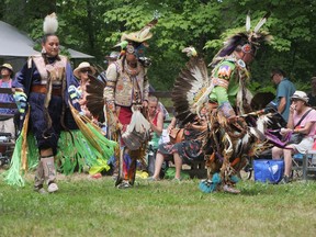 Dancers at the 34th annual Three Fires Homecoming Pow Wow hosted by Mississaugas of the Credit First Nation on Saturday. CHRIS ABBOTT