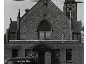 This photo shows Mary Maxim's office entrance on Burwell Street in Paris prior to building a rear addition in 1964. This modern addition will be demolished for the construction of the new library. Brant Historial Society photo