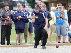Andre Potvin gets things started at the bocce demonstration that followed the opening ceremony at the new two-lane court in downtown Brockville on Tuesday, Aug. 9, 2022.
Tim Ruhnke/Postmedia Network