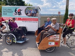 Chartwell Wedgewood residents Betty Anne Molitor, Handy Nevers and Fred Pankoski go for a ride with Cycling Without Age volunteer pilots JoAnn Bell and Marjie Seaman.
Supplied photo
