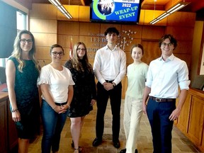 The Leeds Grenville Small Business Center concluded its annual Summer Company program on Thursday during a ceremony at the Leeds and the Thousand Islands Municipal Facility.  Pictured here, from left, is Carol Hardy, Small Business Program Assistant, and Summer Company program participants Arianna Bennett, Emily Jollota, Evan Munro, Janevra Pier and Jack Sloan.  (KEITH DEMPSEY/ Reporter from the Local Journalism Initiative)