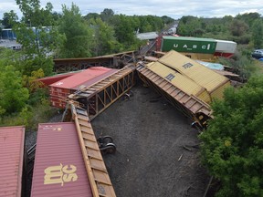 The view looking west from the Edward Street overpass in Prescott following a train collision and subsequent derailment on Thursday, Sept. 2, 2021. 
File photo/Postmedia Network