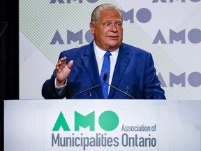 Ontario Premier Doug Ford speaks at the Association of Municipalities Ontario AGM on Aug. 15. Errol McGihon/Postmedia