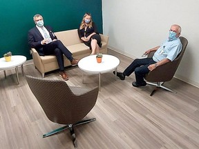 This lounge is one of the amenities included in the new $1.2 million 10-bed withdrawal management service at the Chatham-Kent Health Alliance. Seen here, from left, is Alan Stevenson, CKHA vice-president of mental health and addictions, Stephanie DeVito, clinical supervisor of outpatient mental health and addiction programs, and Jack Carroll, CKHA board member. (Ellwood Shreve/Chatham Daily News)