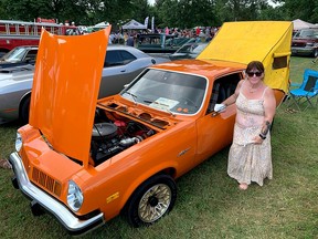 Woodstock resident Mary Elliot was enjoying the attention her 1974 Pontiac Astre with original canvass tent attachment was received during the Bothwell Optimist/Old Autos Car Show on Saturday. PHOTO Ellwood Shreve/Chatham Daily News.