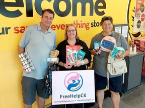Tim Haskell, left, and Amy Finn, right, are involved in the Fill the Bus campaign happening at several grocery stores across Chatham-Kent on Saturday to collect back-to-school food for lunches and school supplies. They are seen here with Debbie Potentier, a supervisor at the Chatham Giant Tiger store, which is a site where a First Student school bus will be parked to collect donations. PHOTO Ellwood Shreve/Chatham Daily News