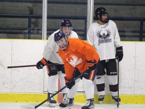 Soo Thunderbirds forward Michael Chaffay (in orange) gets set to begin a skating drill during a Thunderbirds pre-season workout at the John Rhodes Community Arena early last week. Chaffay says he wants to score 30 goals this season and possibly lead the league in goal scoring.