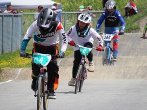 Competitors in a preliminary race head towards the finish line at the Cornwall BMX Club track. Photo on Sunday, July 31, 2022, in Cornwall, Ont. Todd Hambleton/Cornwall Standard-Freeholder/Postmedia Network
