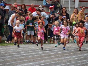 And they're off, in a five-and-under girls 60-m race on the infield track. Photo on Saturday, July 30, 2022, in Maxville, Ont. Todd Hambleton/Cornwall Standard-Freeholder/Postmedia Network
