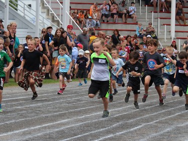 Heading towards the finish in a boys five-and-under 60-m race on the infield track. Photo on Saturday, July 30, 2022, in Maxville, Ont. Todd Hambleton/Cornwall Standard-Freeholder/Postmedia Network