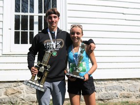 Tristan and Kira Bombardier, the brother and sister who both won the five-kilometre race for those 19 and under in the male and female categories in the Great Raisin River Footrace on Sunday August 7, 2022 in Williamstown, Ont. Laura Dalton/Cornwall Standard-Freeholder/Postmedia Network