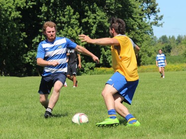 Players battle for a loose ball during a morning game on one of the fields at Char-Lan high school. Photo on Saturday, August 13, 2022, in Williamstown, Ont. Todd Hambleton/Cornwall Standard-Freeholder/Postmedia Network