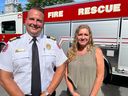 Jen Fullarton with Cornwall Fire Service Deputy Chief Matt Stephenson, at the downtown station. Photo on Tuesday, August 16, 2022, in Cornwall, Ont. Todd Hambleton/Cornwall Standard-Freeholder/Postmedia Network