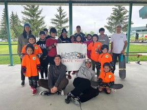 Some of the participants and instructors with Nations Skate Youth during the first skate camp in Akwesasne on August 8. Handout/Cornwall Standard-Freeholder/Postmedia Network