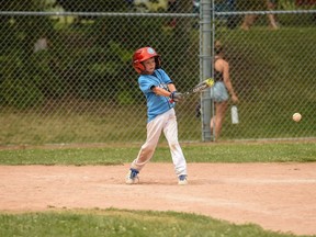 Liam Duncan with some contact in the batters box. Photo on Sunday, August 21, 2022, in Cornwall, Ont. Robert Lefebvre/Special to the Cornwall Standard-Freeholder/Postmedia Network