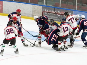 Players around the net during the Cornwall Colts blue-and-white scrimmage held as part of its U18 training camp on Monday August 29, 2022 in Cornwall, Ont. Robert Lefebvre/Special to the Cornwall Standard-Freeholder/Postmedia Network