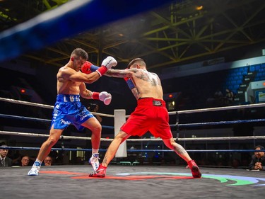Cornwall's Tony Luis, left, gets one to the face from Calgary's Steve Claggett on Monday August 8, 2022 in Cornwall, Ont. Luis conceded the fight at the start of the seventh round. Robert Lefebvre/Special to the Cornwall Standard-Freeholder/Postmedia Network