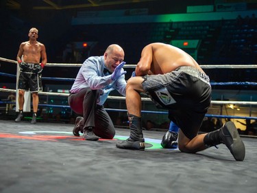 Ricardo Lara gets a count from the referee as Hamilton's Jessie Wilcox watches on Monday August 8, 2022 in Cornwall, Ont. Wilcox knocked Lara out in the third round. Robert Lefebvre/Special to the Cornwall Standard-Freeholder/Postmedia Network