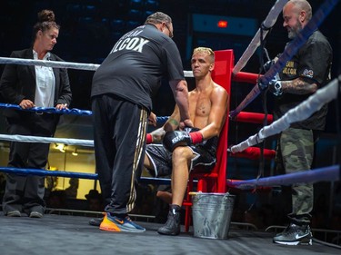 Hamilton's Jessie Wilcox gets a lookover from his coach during his match against Ricardo Lara on Monday August 8, 2022 in Cornwall, Ont. Wilcox knocked Lara out in the third round. Robert Lefebvre/Special to the Cornwall Standard-Freeholder/Postmedia Network