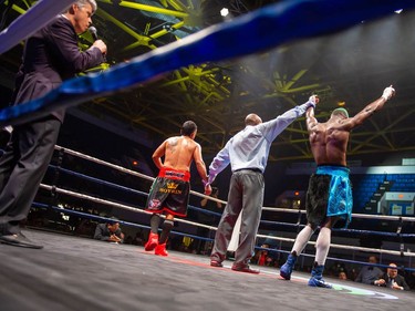 Montreal's Mohamed Soumaoro, right, declared the winner after six rounds against Isaac Casten on Monday August 8, 2022 in Cornwall, Ont. Robert Lefebvre/Special to the Cornwall Standard-Freeholder/Postmedia Network