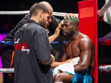 Montreal's Mohamed Soumaoro gets his eyebrow tended to during his match against Isaac Casten on Monday August 8, 2022 in Cornwall, Ont. Soumaoro won in a unanimous decision after six rounds. Robert Lefebvre/Special to the Cornwall Standard-Freeholder/Postmedia Network