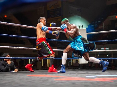 Montreal's Mohamed Soumaoro, right, fighting Isaac Casten on Monday August 8, 2022 in Cornwall, Ont. Soumaoro won in a unanimous decision after six rounds. Robert Lefebvre/Special to the Cornwall Standard-Freeholder/Postmedia Network