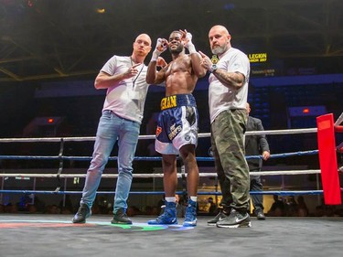 Toronto's Adrian Bembridge celebrating a win against Luis Guerrero Ochoa on Monday August 8, 2022 in Cornwall, Ont. Bembridge knocked out his opponent near the end of the first round. Robert Lefebvre/Special to the Cornwall Standard-Freeholder/Postmedia Network