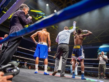 Toronto's Adrian Bembridge, right, declared winner by KO against Luis Guerrero Ochoa on Monday August 8, 2022 in Cornwall, Ont. Robert Lefebvre/Special to the Cornwall Standard-Freeholder/Postmedia Network