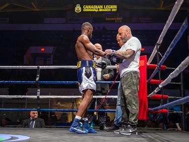 Luis Guerrero Ochoa has his gloves removed after his bout with Toronto's Adrian Bembridge on Monday August 8, 2022 in Cornwall, Ont. Bembridge knocked out his opponent near the end of the first round. Robert Lefebvre/Special to the Cornwall Standard-Freeholder/Postmedia Network