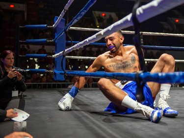 Luis Guerrero Ochoa, floored during his match against Toronto's Adrian Bembridge on Monday August 8, 2022 in Cornwall, Ont. Bembridge knocked out his opponent near the end of the first round. Robert Lefebvre/Special to the Cornwall Standard-Freeholder/Postmedia Network