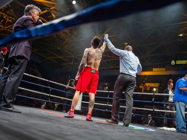Calgary's Steve Claggett declared the winner against Cornwall's Tony Luis on Monday August 8, 2022 in Cornwall, Ont. Luis conceded the fight at the start of the seventh round. Robert Lefebvre/Special to the Cornwall Standard-Freeholder/Postmedia Network