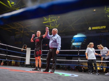 Montreal's Caroline Veyre celebrates her win against Mexican Marisela Borquez on Monday August 8, 2022 in Cornwall, Ont. Robert Lefebvre/Special to the Cornwall Standard-Freeholder/Postmedia Network