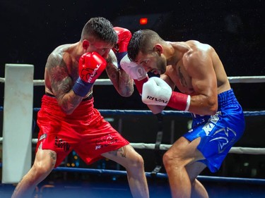 Cornwall's Tony Luis, right, boxing Calgary's Steve Claggett on Monday August 8, 2022 in Cornwall, Ont. Luis conceded the fight at the start of the seventh round. Robert Lefebvre/Special to the Cornwall Standard-Freeholder/Postmedia Network