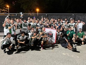 The Chatham-Kent Cougars celebrate after winning an Ontario Summer Football League U18 Regional Cup banner in London, Ont., on Friday, Aug. 5, 2022. (Ontario Football Facebook Photo)