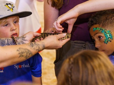 People pet a snake during the reptile show at the Cochrane fair on Friday, Aug. 19, 2022.