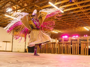 An indigenous dancer performs at the Cochrane fair on Friday, Aug. 19, 2022.